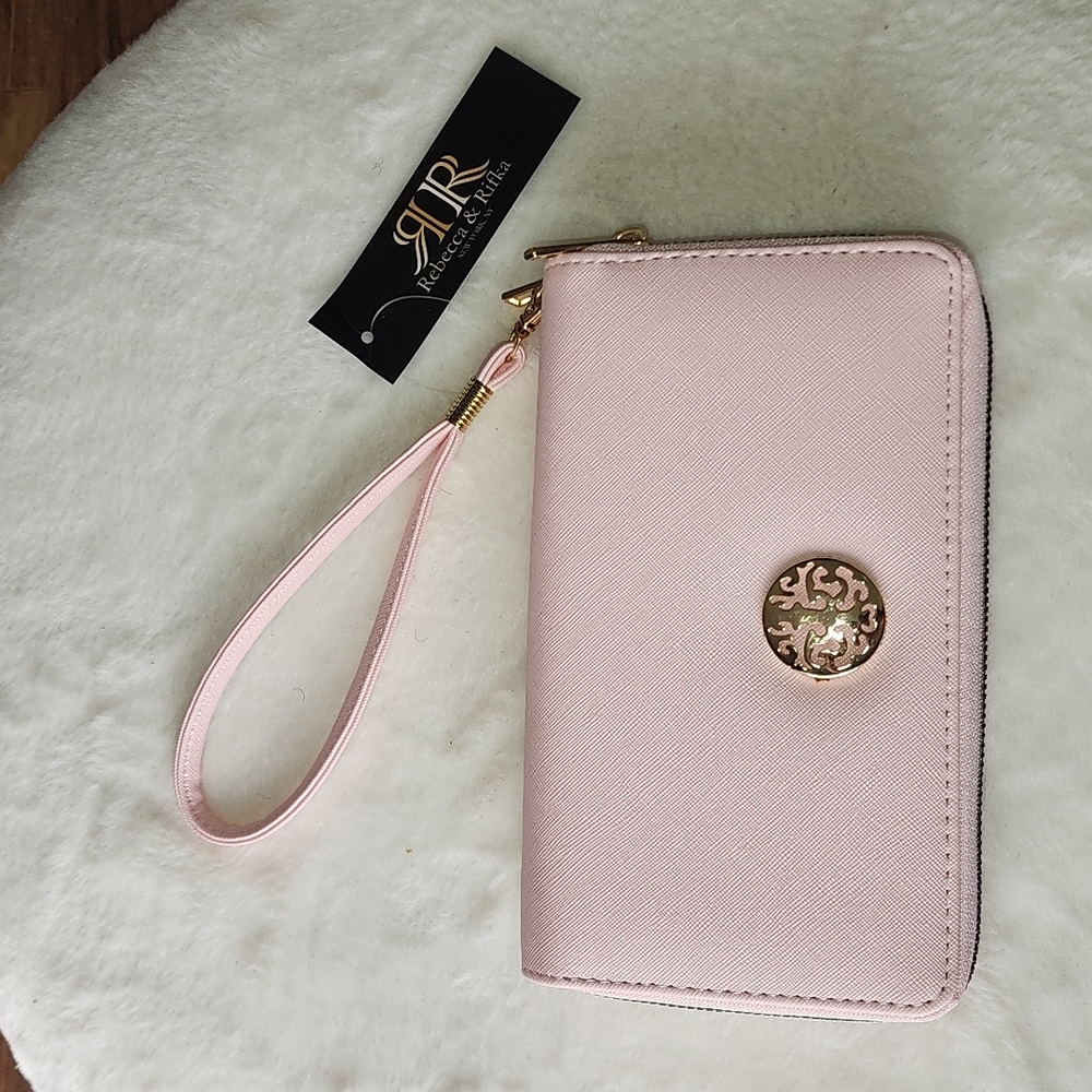 Rebecca & Rifka Faux Saffiano Leather Medallion Double Zip Wristlet Wallet
